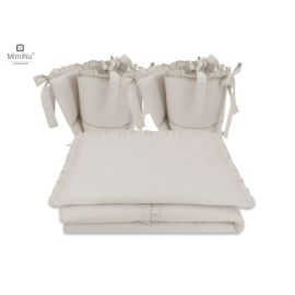 MimiNu - Lenjerie patut cu 4 piese, Cu doua protectii laterale, Cu volanase, Colectia Royal, Beige, Din bumbac, Pentru patut 120x60 cm