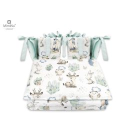MimiNu - Lenjerie patut cu 4 piese, Cu doua protectii laterale, Deer and Hedgehog, Din bumbac, Pentru patut 120x60 cm