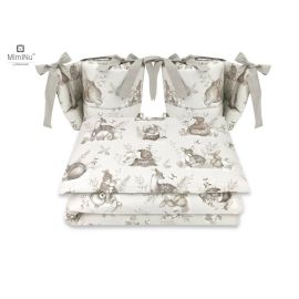 MimiNu - Lenjerie patut cu 4 piese, Cu doua protectii laterale, Design, Calm Forest Beige, Din bumbac, Pentru patut 120x60 cm