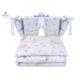 MimiNu - Lenjerie patut cu 4 piese, Cu doua protectii laterale, Design, Seal Blue, Din bumbac, Pentru patut 120x60 cm