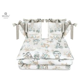 MimiNu - Lenjerie patut cu 4 piese, Cu doua protectii laterale, Design, Zoo on Bikes Nugat, Din bumbac, Pentru patut 120x60 cm