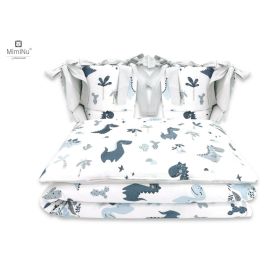 MimiNu - Lenjerie patut cu 4 piese, Cu doua protectii laterale, Dino Granat, Din bumbac, Pentru patut 120x60 cm