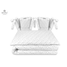 MimiNu - Lenjerie patut cu 4 piese, Cu doua protectii laterale, Mini Gray Stars, Din bumbac, Pentru patut 120x60 cm