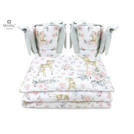 MimiNu - Lenjerie patut cu 4 piese, Cu doua protectii laterale, Sweet Deer Pink, Din bumbac, Pentru patut 120x60 cm