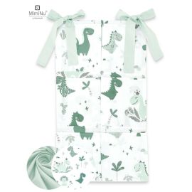 MimiNu - Organizator pentru patut, Din bumbac, Cu 6 compartimente, Cu doua panglici, 70x40 cm, Dino Mint