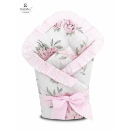 MimiNu - Paturica de infasat multifunctionala, Cu volanase, Cu inchidere cu panglica si arici velcro, Dimensiune 75x75 cm, Din bumbac certificat Oeko Tex Standard 100, Peonie Pink/Pink