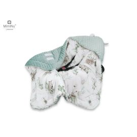 MimiNu - Paturica de infasat pentru scoica, scaun auto/carucior, Cu gluga si urechi, Cu sistem de prindere pe baza de velcro, Dimensiune 90x90 cm, Din tesatura pufoasa Minky + Bumbac, Australian Animals Beige