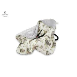 MimiNu - Paturica de infasat pentru scoica, scaun auto/carucior, Cu gluga si urechi, Cu sistem de prindere pe baza de velcro, Dimensiune 90x90 cm, Din tesatura pufoasa Minky + Bumbac, Design, Calm Forest Natural