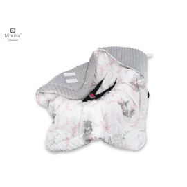 MimiNu - Paturica de infasat pentru scoica, scaun auto/carucior, Cu gluga si urechi, Cu sistem de prindere pe baza de velcro, Dimensiune 90x90 cm, Din tesatura pufoasa Minky + Bumbac, Lulu Rose