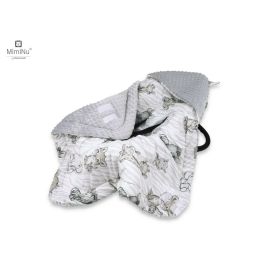 MimiNu - Paturica de infasat pentru scoica, scaun auto/carucior, Cu gluga si urechi, Cu sistem de prindere pe baza de velcro, Dimensiune 90x90 cm, Din tesatura pufoasa Minky + Bumbac, Safari Beige