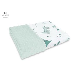 MimiNu - Paturica pufoasa cu doua fete, Dimensiune 75x100 cm, Din tesatura Minky si bumbac, Materiale certificate Oeko Tex Standard 100, Dino Mint