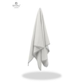 MimiNu - Paturica pufoasa, Cu pompoane, Dimensiune 75x100 cm, Din tesatura de catifea si bumbac, Grey