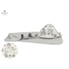 MimiNu - Prosop mare cu gluga, Dimensiune 100x100 cm, Din bumbac si thermo fleece, Materiale certificate Oeko Tex Standard 100, Design, Zoo on Bikes Beige