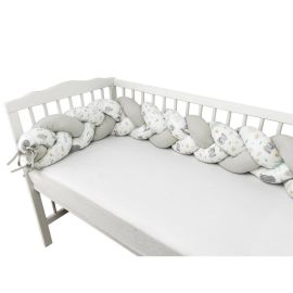 MimiNu - Protectie laterala pentru patut bebe, Tip Bumper impletit, Din bumbac, Din materiale certificate Oeko Tex Standard 100, Lungime 220 cm, Forest Friends Mint