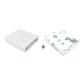 MimiNu - Set 2 cearceafuri cu elastic pentru patut leagan sau patut co-sleeper, 90x40 cm, Din bumbac, Material certificat Oeko Tex Standard 100, Dino Mint and Mini Grays Stars