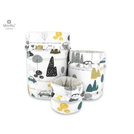 MimiNu - Set 3 cosuri rotunde cu dimensiuni generoase pentru depozitare jucarii, Cu volanase, Dimensiuni 50x35 cm, 35x30 cm, 19x23 cm, Din bumbac certificat Oeko Tex Standard 100, Childrens Journey Grey