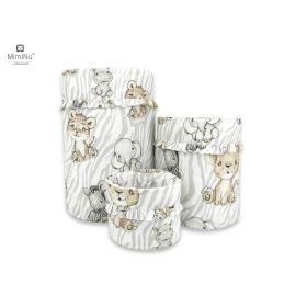 MimiNu - Set 3 cosuri rotunde cu dimensiuni generoase pentru depozitare jucarii, Cu volanase, Dimensiuni 50x35 cm, 35x30 cm, 19x23 cm, Din bumbac certificat Oeko Tex Standard 100, Safari Natural