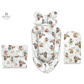 MimiNu - Set 4 in 1 Cosulet bebelus Baby Cocoon 75x55 cm, Husa 100% bumbac, Din bumbac certificat Oeko Tex Standard 100, Cu paturica 50x70 cm, Cu salteluta 60x32 cm, Cu perna fluture cu doua fete 40x27 cm, Design, Pirates Natural