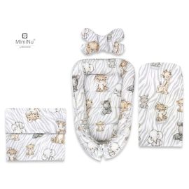 MimiNu - Set 4 in 1 Cosulet bebelus Baby Cocoon 75x55 cm, Husa 100% bumbac, Cu paturica 50x70 cm, Cu salteluta 60x32 cm, Cu perna fluture cu doua fete 40x27 cm, Safari Natural