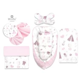 MimiNu - Set 4 in 1 Cosulet bebelus Baby Cocoon 75x55 cm, Husa 100% bumbac, Cu paturica cu doua fete 50x70 cm, Cu salteluta 60x32 cm, Cu perna fluture cu doua fete 40x27 cm, Baby Shower Pink