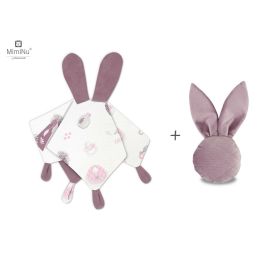 MimiNu - Set jucarie de plus cu urechi si labute din catifea si bumbac + Jucarie zornaitoare Mini Bunny din catifea matlasata, Materiale certificat Oeko Tex Standard 100, Baby Shower Pink/Heather