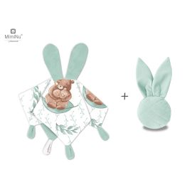 MimiNu - Set jucarie de plus cu urechi si labute din catifea si bumbac + Jucarie zornaitoare Mini Bunny din catifea matlasata, Materiale certificat Oeko Tex Standard 100, Lulu Natural/Mint