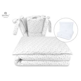 MimiNu - Set lenjerie patut 5 piese, Cu pilota si perna, Din bumbac certificat Oeko Tex Standard 100, Pentru patut 120x60 cm, Mini Gray Stars