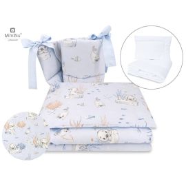 MimiNu - Set lenjerie patut 5 piese, Cu pilota si perna, Din bumbac, Pentru patut 120x60 cm, Design, Seal Blue