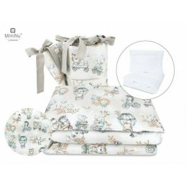 MimiNu - Set lenjerie patut 5 piese, Cu pilota si perna, Din bumbac, Pentru patut 120x60 cm, Design, Zoo on Bikes Nugat