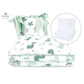 MimiNu - Set lenjerie patut 5 piese, Cu pilota si perna, Din bumbac, Pentru patut 120x60 cm, Dino Mint