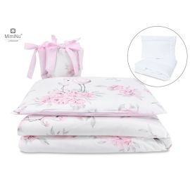 MimiNu - Set lenjerie patut 5 piese, Cu pilota si perna, Din bumbac, Pentru patut 120x60 cm, Peonie Pink