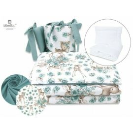 MimiNu - Set lenjerie patut 5 piese, Cu pilota si perna, Din bumbac, Pentru patut 120x60 cm, Sweet Deer Mint