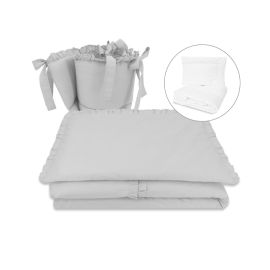 MimiNu - Set lenjerie patut 5 piese, Cu volanase, Cu pilota si perna, Din bumbac certificat Oeko Tex Standard 100, Pentru patut 120x60 cm, Colectia Royal, Grey