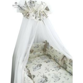 MimiNu - Set lenjerie patut 8 piese, Cu baldachin cu fundita 400 x 170 cm, Din bumbac, Pentru patut 120x60 cm, Design, Seal Beige