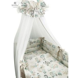 MimiNu - Set lenjerie patut 8 piese, Cu baldachin cu fundita 400 x 170 cm, Din bumbac, Pentru patut 120x60 cm, Design, Zoo on Bikes Nugat