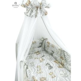MimiNu - Set lenjerie patut 8 piese, Cu baldachin cu fundita 400 x 170 cm, Din bumbac, Pentru patut 120x60 cm, Safari Natural