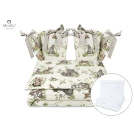 MimiNu - Set lenjerie patut cu 6 piese, Cu pilota si perna, Cu doua aparatori laterale, Din bumbac, Pentru patut 120x60 cm, Design, Calm Forest Natural