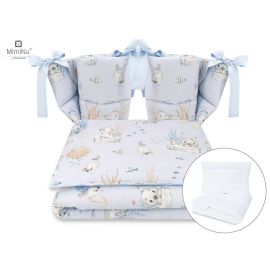 MimiNu - Set lenjerie patut cu 6 piese, Cu pilota si perna, Cu doua aparatori laterale, Din bumbac, Pentru patut 120x60 cm, Design, Seal Blue