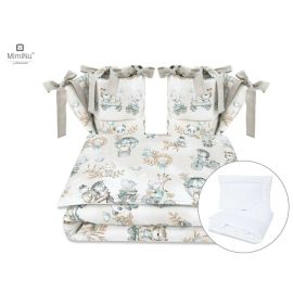 MimiNu - Set lenjerie patut cu 6 piese, Cu pilota si perna, Cu doua aparatori laterale, Din bumbac, Pentru patut 120x60 cm, Design, Zoo on Bikes Nugat