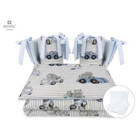 MimiNu - Set lenjerie patut cu 6 piese, Cu pilota si perna, Cu doua aparatori laterale, Din bumbac, Pentru patut 120x60 cm, Old Road Blue