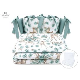 MimiNu - Set lenjerie patut cu 6 piese, Cu pilota si perna, Cu doua aparatori laterale, Din bumbac, Pentru patut 120x60 cm, Sweet Deer Mint