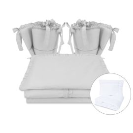 MimiNu - Set lenjerie patut cu 6 piese, Cu volanase, Cu pilota si perna, Cu doua aparatori laterale, Din bumbac certificat Oeko Tex Standard 100, Pentru patut 120x60 cm, Colectia Royal, Grey