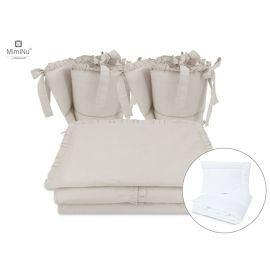 MimiNu - Set lenjerie patut cu 6 piese, Cu volanase, Cu pilota si perna, Cu doua aparatori laterale, Din bumbac, Pentru patut 120x60 cm, Colectia Royal, Beige
