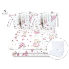 MimiNu - Set lenjerie patut cu 6 piese, Cu volanase, Cu pilota si perna, Cu doua aparatori laterale, Din bumbac, Pentru patut 120x60 cm, Design, Pink Ballerina