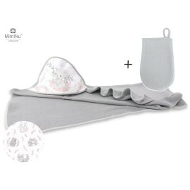 MimiNu - Set prosop mare cu gluga, Dimensiune 100x100 cm + Manusa de baie bebelusi, 12x21 cm, Materiale certificate Oeko Tex Standard 100, Lulu Rose