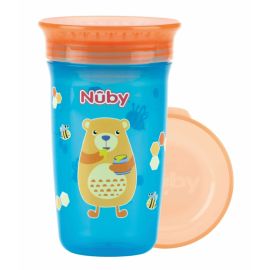 Nuby - Cana magica, 360, Cu supapa din silicon, Cu capac, 300 ml, 6+ luni, Albastru/Portocaliu