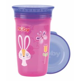 Nuby - Cana magica, 360, Cu supapa din silicon, Cu capac, 300 ml, 6+ luni, Roz/Mov