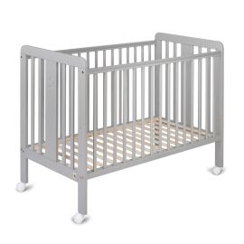 Patut cu roti YappyStar din lemn, Cu sina speciala pentru dentitie, Suport pentru saltea reglabil, YappyKids, 120x60 cm, Gri