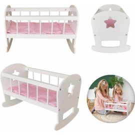Patut din lemn pentru papusi, Free2Play, Cu sistem de leganare, Cu pernuta si paturica, Conform cu standardul european de securitate EN71/123, 3 ani+, Alb/Roz