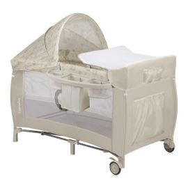 Patut pliant, Lionelo, Sven Plus, 120x60 cm, Cu doua nivele, Cu arcada jucarii, masuta de infasat, vibratii, melodii, conform cu standardele europeane de securitate EN716 si EN12221, Bej Latte